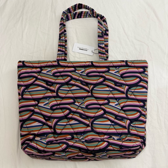 Vera Bradley Large Retro Ribbons Ultralight East West Tote Preppy Travel NWT - Picture 3 of 14